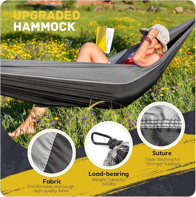 Camping Hammock Lightweight, Portable Hammocks Parachute Hammock with Two Tree Straps, Single or Double Travel Swing Nylon Camp Hammocks, Outdoor Essentials for Beach Backpacking Hiking, Orange
