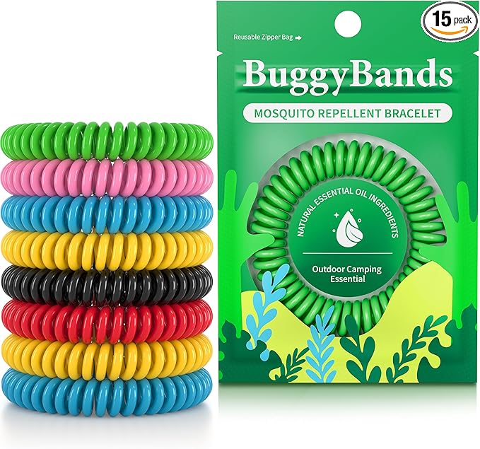 BuggyBands Mosquito Bracelets, 15 Pack Individually Wrapped, DEET Free, Natural and Waterproof Band for Adults & Kids