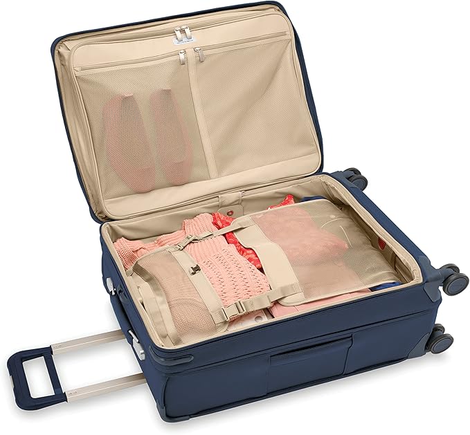 Briggs & Riley 26" Medium Expandable Spinner - Checked Luggage for Travel, Suitcases with Wheels, Softside Rolling Bag for Men & Women, Self-Repairing Zipper - Baseline Collection, Navy