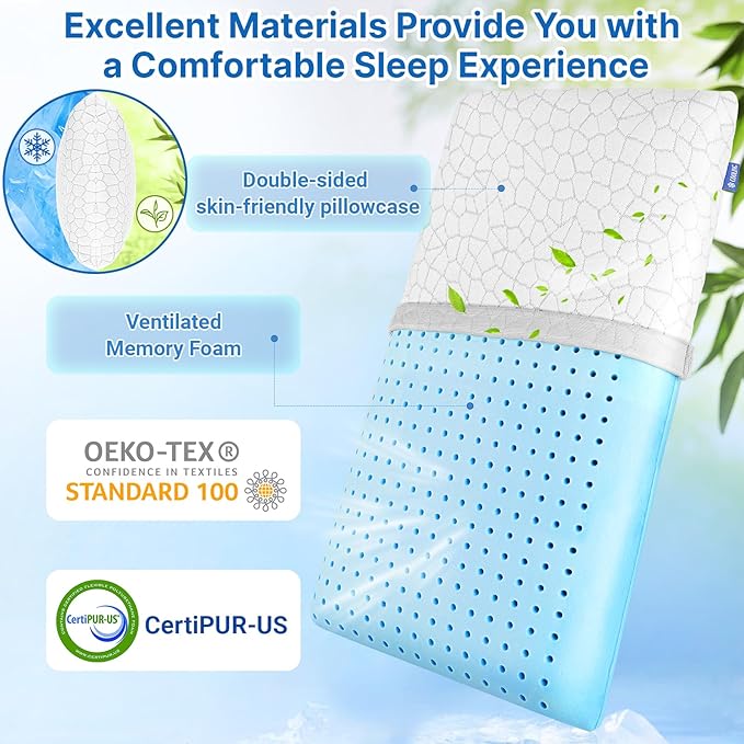 Cooling Memory Foam Pillows, Cooling Bed Pillow, Bed Pillow for Side, Back and Stomach Sleepers, Neck Pillow for Sleeping with Removable and Machine Washable Cover, King Size (2 Pack)