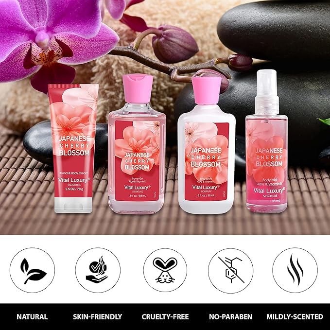 Japanese Cherry Blossom Bath & Body Kit, 3 Fl Oz Travel Size, Ideal Skincare Relaxing Home Spa Set, Includes Body Lotion, Shower Gel, Body Cream, and Fragrance Mist, Bath Gifts for Her and Him