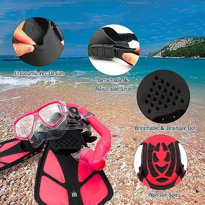 Kids Mask Fins Snorkel Set Snorkeling Packages, with Diving Mask, Snorkel, Adjustable Swim Fins, Mesh Bag, Anti-Fog Anti-Leak Snorkeling Gear for Kids for Snorkeling Swimming Diving