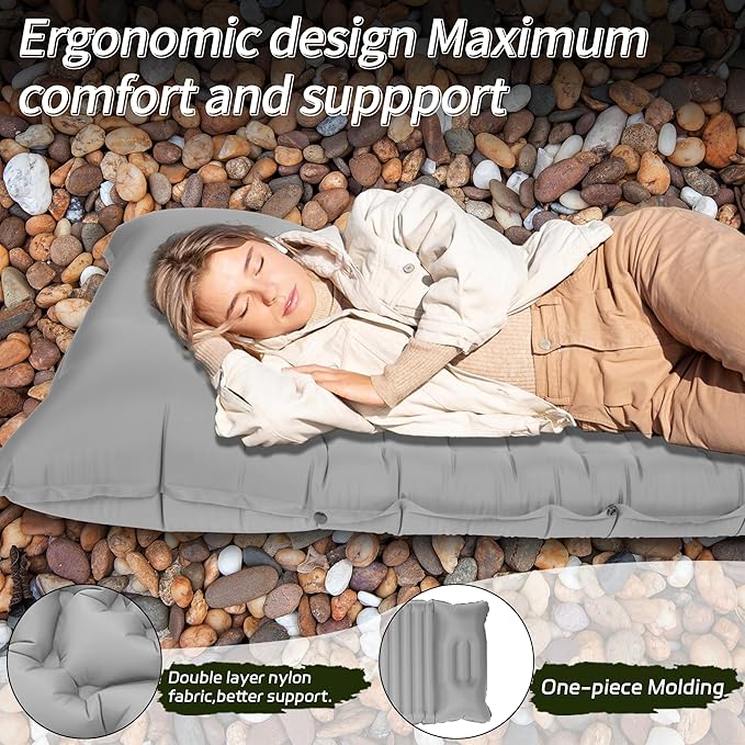 40D Self-Inflating Camping Pad, Insulated Ultralight Sleeping Mat for Backpacking, Winter Camping, 2-Layer Anti-Leak Design w/Built-in Pillow, Foot Pump Foldable Pad, Grey