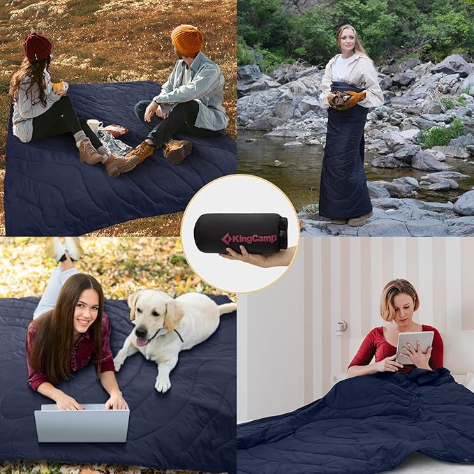 KingCamp Ultralight Camping Blanket, Packable Down Alternative Puffy Wearable Blankets Weatherproof Warm Package Quilt with Snap Buttons & Corner Loops for Outdoor Travel Stadium (69"L x 53"W, BLACK)
