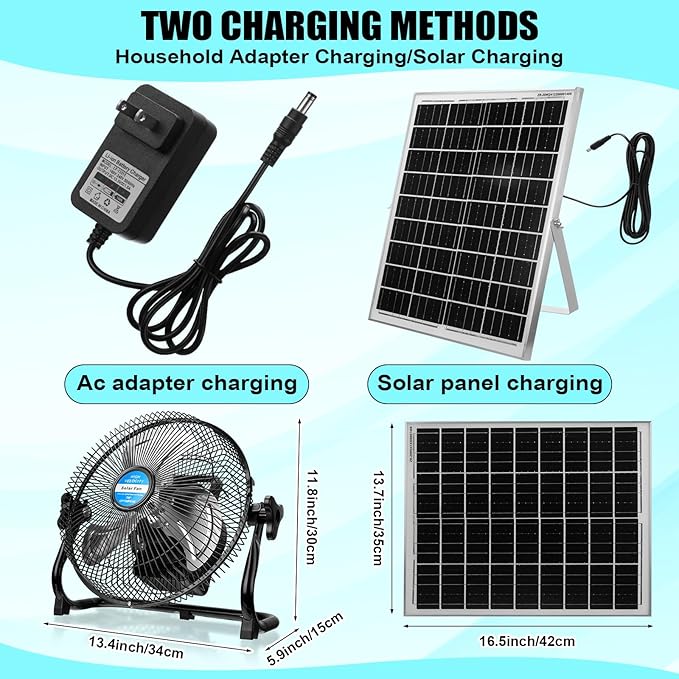 10 Inch Solar Panel Powered Fan, 2 in 1 Solar Panel or AC Charger Powered Fan 12W 9V Portable for Chicken Coop Greenhouse Household Exhaust Camping Travel Outdoor(Black)