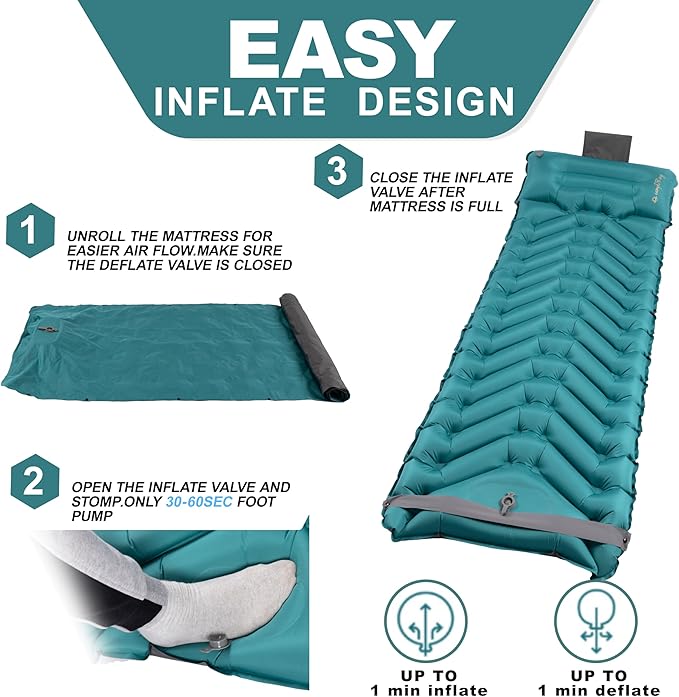 Sleeping Pad with Pillow, Self Inflating Extra-Thick, Ultralight Sleeping Mat, Built-in Pump, Ultimate for Camping, Hiking, Traveling, Airpad, Carry Bag, Compact & Lightweight Air Mattress (Peacock)