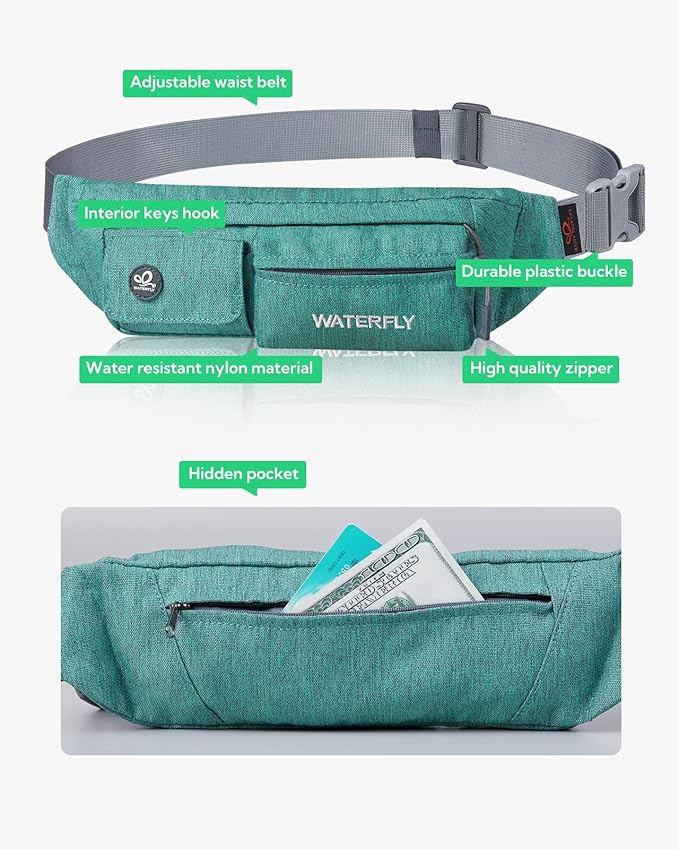 WATERFLY Fanny Pack Slim Soft Polyester Water Resistant Waist Bag Pack for Man Women Carrying iPhone 8 Samsung S6 Dark Green
