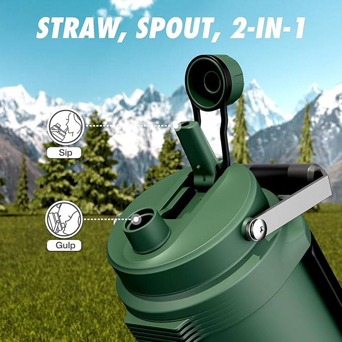 64oz Insulated Water Bottle for Outdoors: 2-in-1 Straw Spout Lid, Dual Handle, Leakproof, Keep Cold 48H, Half Gallon Stainless Steel Water Jug for Sports, Camping, Gym, Work, Beach, Fishing (Forest)