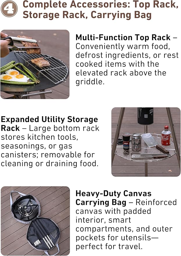 CAMPINGMOON 18 inches BBQ Griddle with EN417 Lindal valve Standard Canister Top Camping Gas Stove Burner Stand Rack Skottle Grill Cooking System Kit GR-901