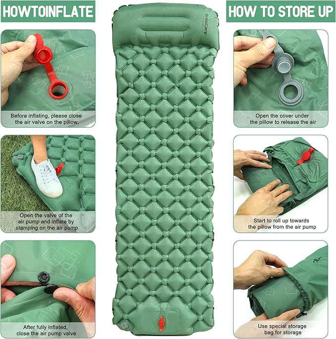 Camping Sleeping Pad, Ultralight Inflatable Mattress with Pillow Built-in Foot Pump for Outdoor Hiking Travel Tent Backpacking Trip Car, Compact Lightweight Camping Mat, Green