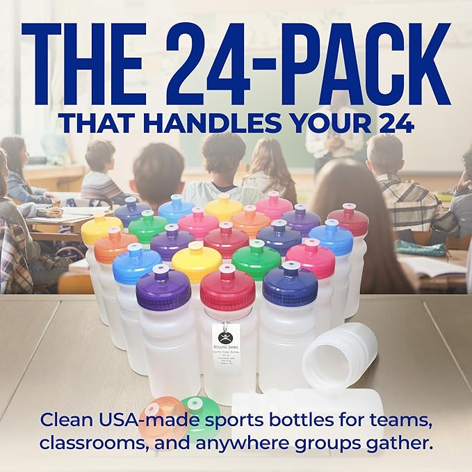 Rolling Sands USA Made 20 Ounce Sports Water Bottles - 24-Pack Bulk BPA-Free Blank Sports Bottles for Teams & Classrooms - Clear Frost Bottle/Green Lid, No Smell No Taste
