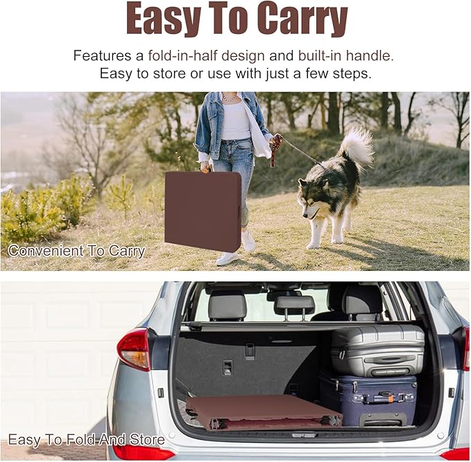 4 FT Folding Table with Carry Handle, Portable Fold-in-Half Plastic Table, Rectangle Foldable Table for Indoor/Outdoor Brown