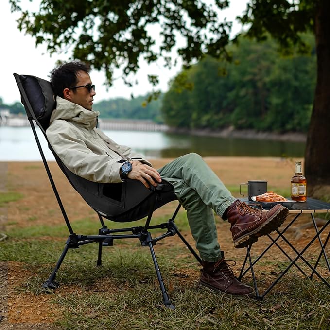 MOON LENCE Oversized Camping Chair with Pillow for Adults, Height Adjustable High-Back Folding Camping Chair with 400 lbs Capacity, Hidden Pillow Pocket for Camping, Hiking, Picnics, Black