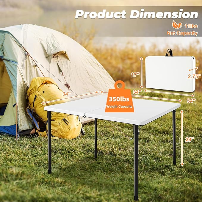 34" Camping Table, Portable Square Camping Card Table with Collapsible Legs & Carrying Handle, Plastic Tables for Outdoor Cooking,Camping,Picnic, Office, Party, White