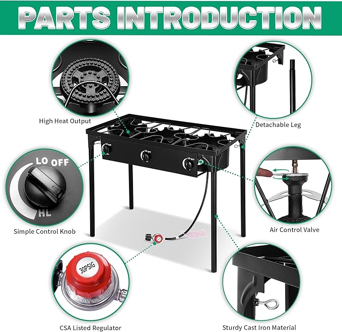 Outdoor Camping Stove, 225000 BTU, Propane Gas Cooker with Detachable Legs, High Pressure 3 Burner, 30 PSI Regulator