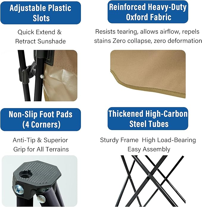 Folding Camping Chair with Canopy, Portable Outdoor Beach Chair for Fishing, BBQ, Picnic, Backyard, Lightweight Sun Shade Chair with Cup Holder, Khaki