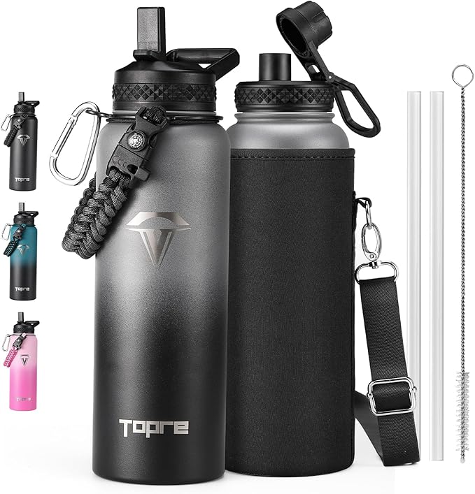 40oz Insulated Water Bottle,Stainless Steel Vacuum Water Bottle, BPA-Free & Leakproof -with Paracord Handle,Strap,Straw Spout Lids,Large Water Jug for Gym Sports