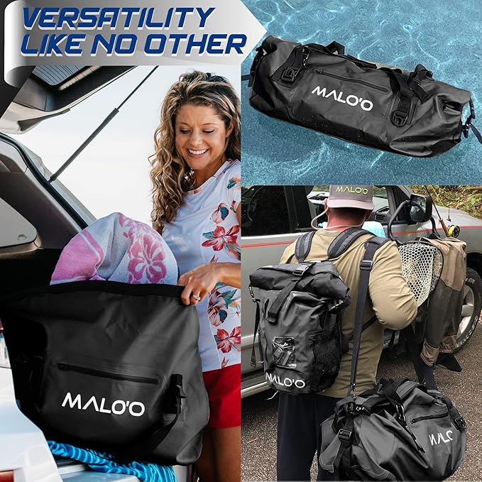 Malo’o Waterproof Dry Duffel, Heavy-Duty Roll Top Waterproof Gear Bag with Shoulder Strap & Molle Loops, Marine Duffel for Kayaking, Boating, Camping, Beach & Travel, Black, 40L