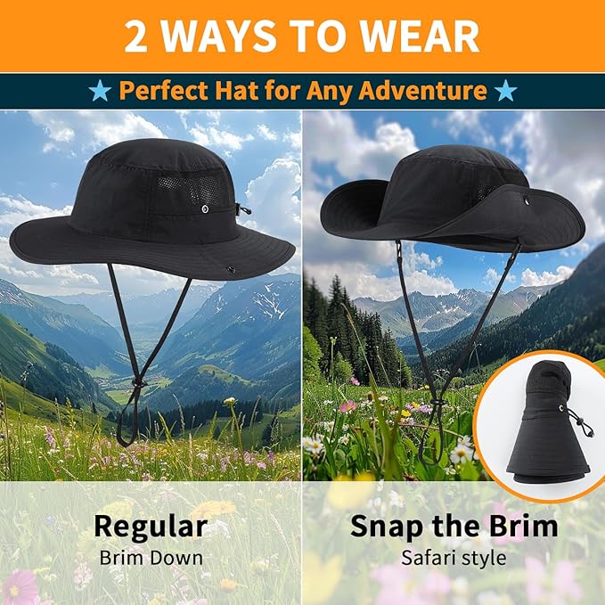 Home Prefer UPF50+ Mens Sun Hat Wide Brim Womens UV Protection Beach Bucket Hat for Fishing Hiking Snap Up Cowboy Hat