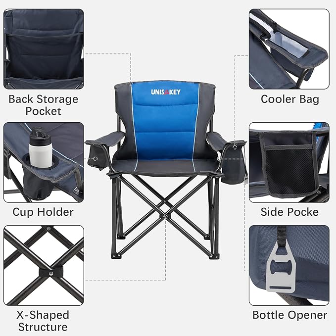 Oversized Folding Camping Chair for Adults - 450lbs Support - Heavy Duty Portable Lawn Chairs with Side Pocket Cup Holder Cooler Bag for Sports Garden Beach Fishing, Blue