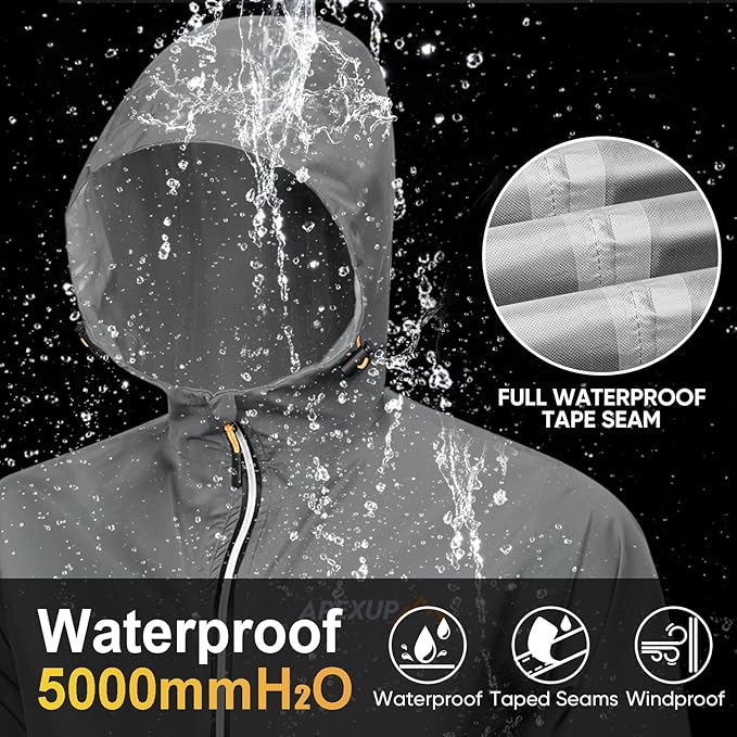 APEXUP Packable Rain Jacket Men with Reflective Zipper, Lightweight Waterproof Raincoat, Mens Rain Jacket for Outdoor Sports