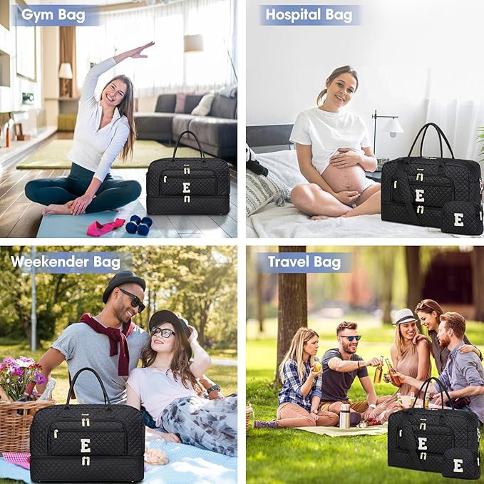 Initial Travel Duffle Bag for Women - Black Personalized Weekender bags Overnight Bag with Shoe Compartment & Wet Pocket Weekend Tote Bags with Toiletry Bag Monogram Christmas Gift (Letter E)