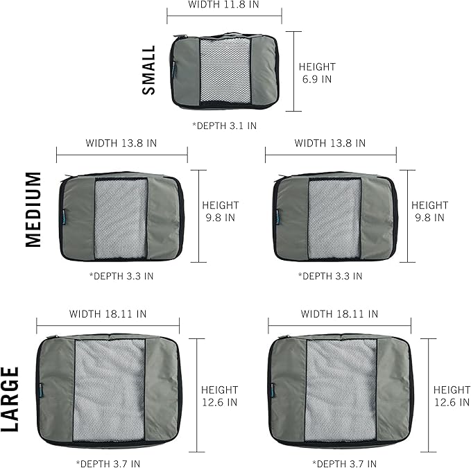TravelWise Packing Cube System - Durable 5 Piece Weekender Plus Set (Silver)