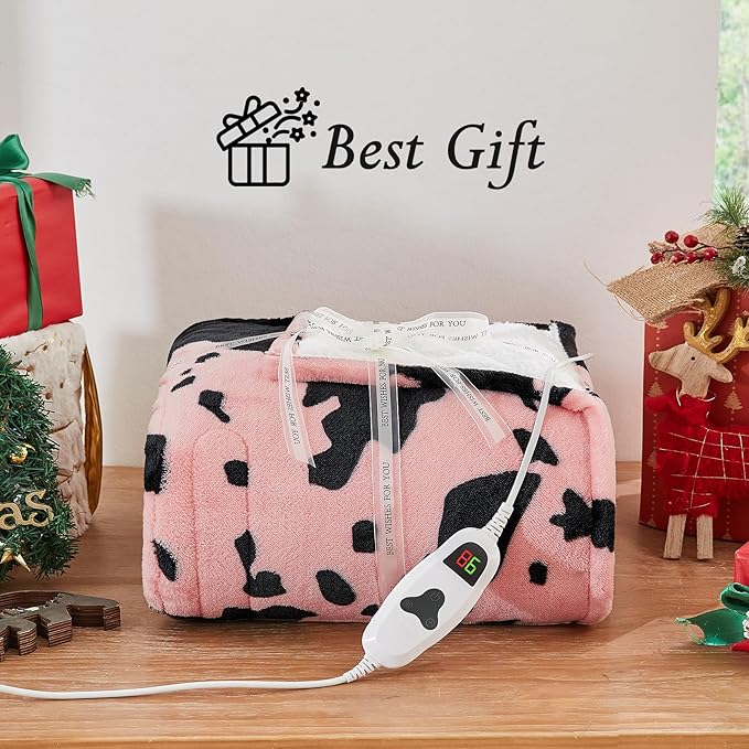 Cow Print Heated Electric Blanket Throw,50X60 Light Pink Heating Blanket with 10 Heats Levels & 8 Hours Auto Off,Highland Cow Stuff Fleece Sherpa Blankets Warmer Gifts for Women Adults Washable,ETL
