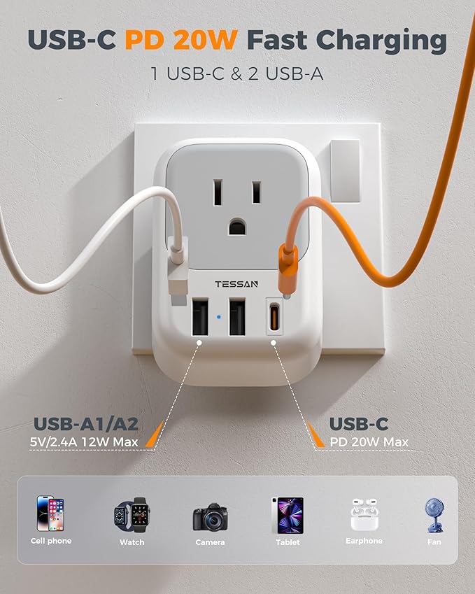 US to UK Plug Adapter PD 20W, TESSAN Type G Travel Converter with 3 USB Charger(1 USB C Port), 4 Outlets Power Adaptor for USA to Qatar Ireland Hong Kong England Scotland Kenya Dubai London British