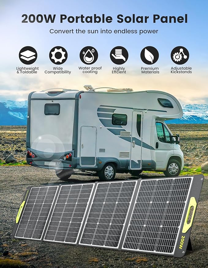 200W Portable Solar Panel, Greenmagic 200W Foldable Solar Panel Lightweight with Kickstands for Home, Camping, Boat, Shed Farm Camping RV Solar Generator, 23% High Efficiency