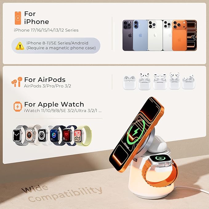 Wireless Charger 3 in 1, Magnetic Wireless Charger Stand with Night Light, 360° Rotation Portable Travel Charging Station Multiple Devices for iPhone 17/16/15/14/13/12, Apple Watch, AirPods Pro 3