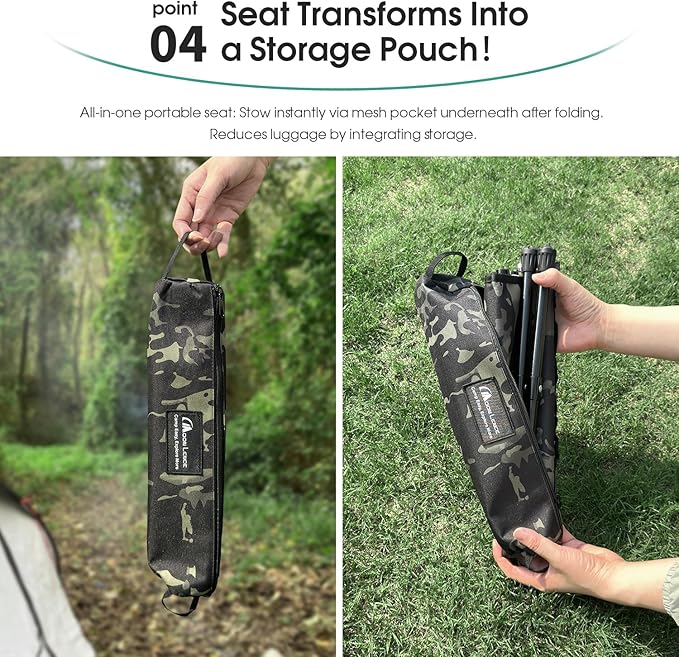 MOON LENCE Collapsible Camp Stool, Compact & Small Storage Size, Folding & Portable Outdoor Stool for Camping, Fishing, Travel, Gardening, Weight 1.3 Lbs with Carry Bag (Camouflage, L 14'')