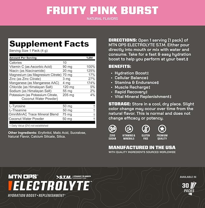 MTN OPS Electrolytes Powder Packets, Sugar Free Hydration Packets, Gluten-Free Hydration Powder, Electrolyte Packets STM “Straight to Mouth” - Variety Pack of 3 Flavors, 30 Packs