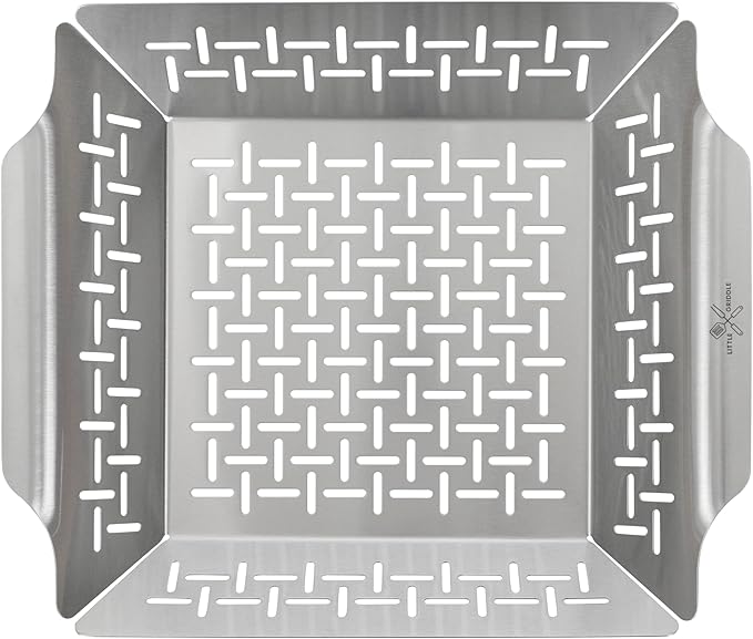 LITTLE GRIDDLE - GT-135 Grill Basket, High sidewalls with built-in handles, Heavy Duty, Stainless Steel Material and Vented Design, Durable and Easy to Clean - Silver