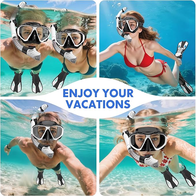 Snorkeling Gear for Adults Men Women, 3 in 1 Snorkel Set with Panoramic View Diving Mask Anti-Fog Anti-Leak, Snorkel Mask Dry Top Snorkel Fins for Swimming, Snorkeling and Travel Diving