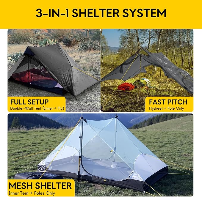 LANSHAN Ultralight Tent 3-Season Backpacking Tent for 1-Person or 2-Person Camping, Trekking, Kayaking, Climbing, Hiking