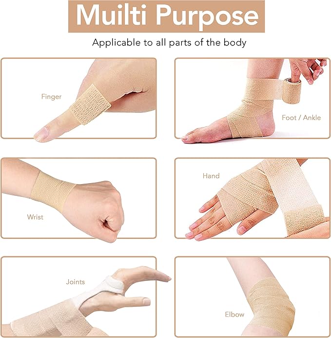 RISEN Cohesive Bandage 2” x 5 Yards, 6 Rolls, Self Adherent Wrap Medical Tape, Adhesive Flexible Breathable First Aid Gauze Ideal for Stretch Athletic