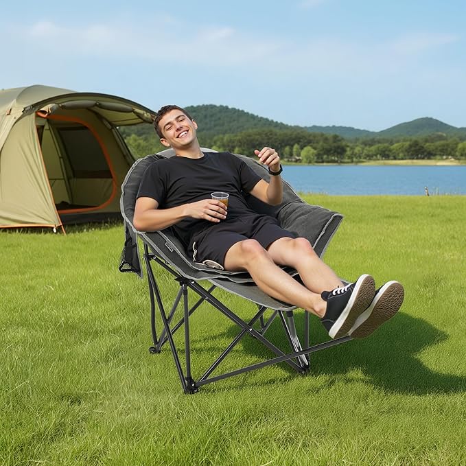OUTDOOR LIVING SUNTIME Oversized Padded Comfy Camping Chair with Removable Footrest， Weight Capacity 400 LBS, Heavy Duty Moon Round Leisure Folding Chair for Camping, Hiking, Carry Bag, Gray