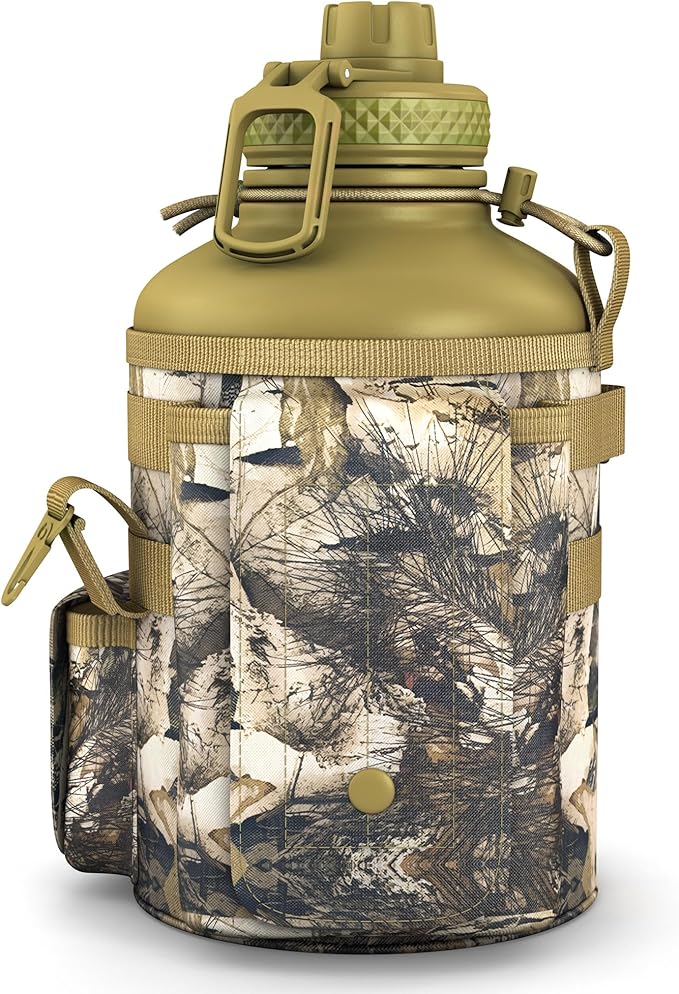 Combat Canteen - 64oz Insulated Water Bottle with Paracord Handle, Stainless Steel Water Jug with Rugged Pockets for Keys, Wallet & Phone - Woodland Camo