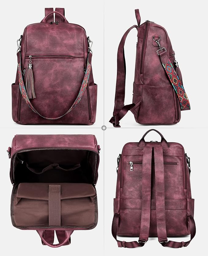 FADEON Leather Laptop Backpack for Women Designer 15.6 inch PU Laptop Bag, Ladies Travel Computer Work Backpack Red