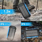 Solar Charger Power Bank, 38800mAh Portable Phone Charger with 1 Type-C & 2 USB-A Ports Built-in Dual LED Flashlight, 15W Fast Charging Waterproof Solar Panel Charger