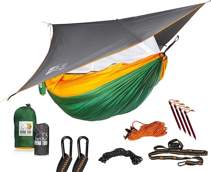 XL 2 Person Camping Hammock with Mosquito Net & Rain Fly - Compact Double Hammock with Bug Net, Tarp, Pocket, Tree Straps & Heavy Duty Carabiners - Parachute Grade Nylon Holds Over 600lbs