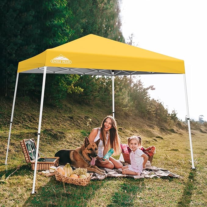 EAGLE PEAK 10x10 Slant Leg Pop-up Canopy Tent Easy One Person Setup Instant Outdoor Beach Canopy Folding Portable Sports Shelter 10x10 Base 8x8 Top (Yellow)