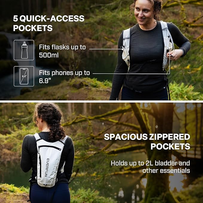 EVERFUN Hydration Backpack Running Vest Small Hiking Water Backpack with 1.5L Water Bladder for Women Men, Lightweight Reflective Dayhike Hydro Pack for Trail Running, Biking, Race, Marathons