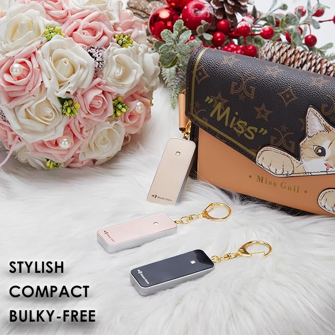 Ultrathin Personal Alarm Rainproof Ultra-Lightweight (0.8 oz) Bulky-Free Keychain Siren for Women, Students Safety. SOS Emergency 130db Hiking Alert Strobe Light. Replaceable Battery. Rose Gold