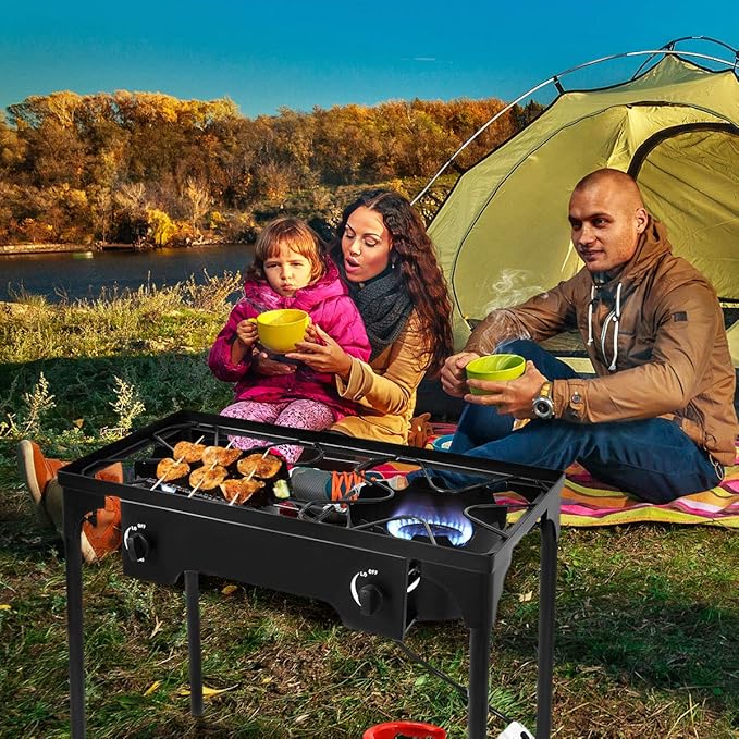 GYMAX Camping Stove, 2 Burner Propane Camp Stove w/Detachable Legs, 150,000-BTU Output, 20 PSI Regulator & CSA Certification, 30’’ Outdoor Stove, High Pressure Propane Burner for BBQ (2 Burner)