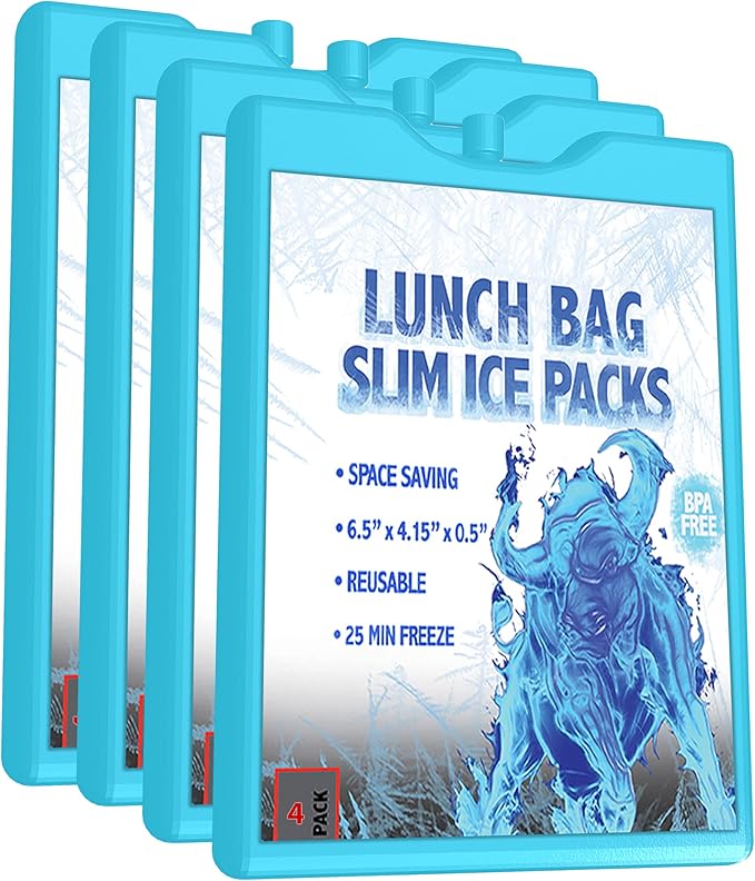 Kona Ice Packs for Lunch Boxes - No Ice Bags Required - Reusable Long Lasting Cooler Ice Packs (-5C) Small Thin Freezer Packs - Freezes in 25 Minutes (Set of 4)