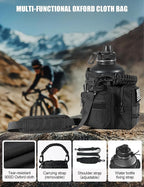 Tactical Half Gallon Water Bottle with Straw, 64 oz Insulated Water Jug with Molle Sleeve, Stainless Steel Sport Bottle with 3 BPA Free Lids for Gym Workout Hiking (Black, 64OZ)