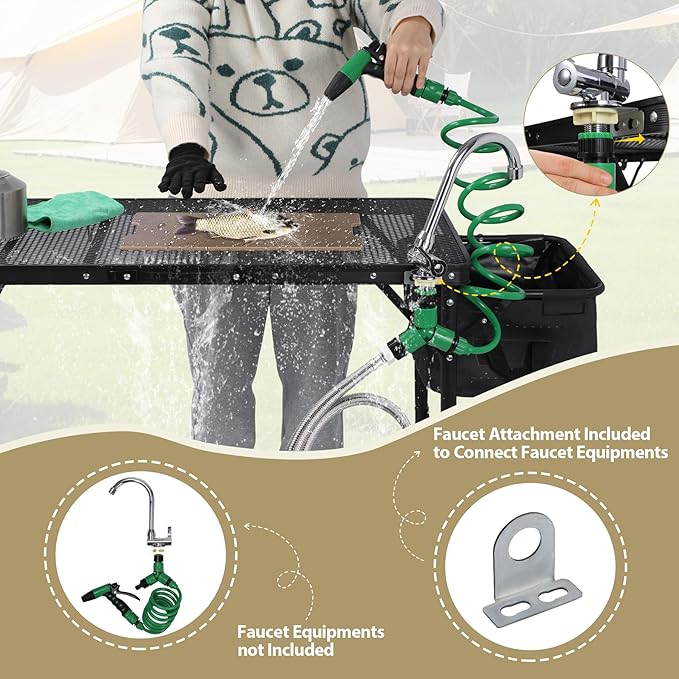 REDCAMP Portable Grill Table with Sink for Outside, Lightweight Aluminum Frame Folding Grill Stand Table with Adjustable Height for Camping Picnic Cooking BBQ, 36 x 20 x 31 in, Black