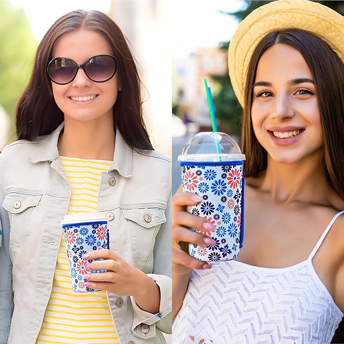 KJQJLY 3 Pack Reusable Iced Coffee Sleeves for Iced Coffee Cups or Drinks Reusable Neoprene Insulated Sleeves for Hot and Cold Drinks from Starbucks, Dunkin, And More (Blue Flower)